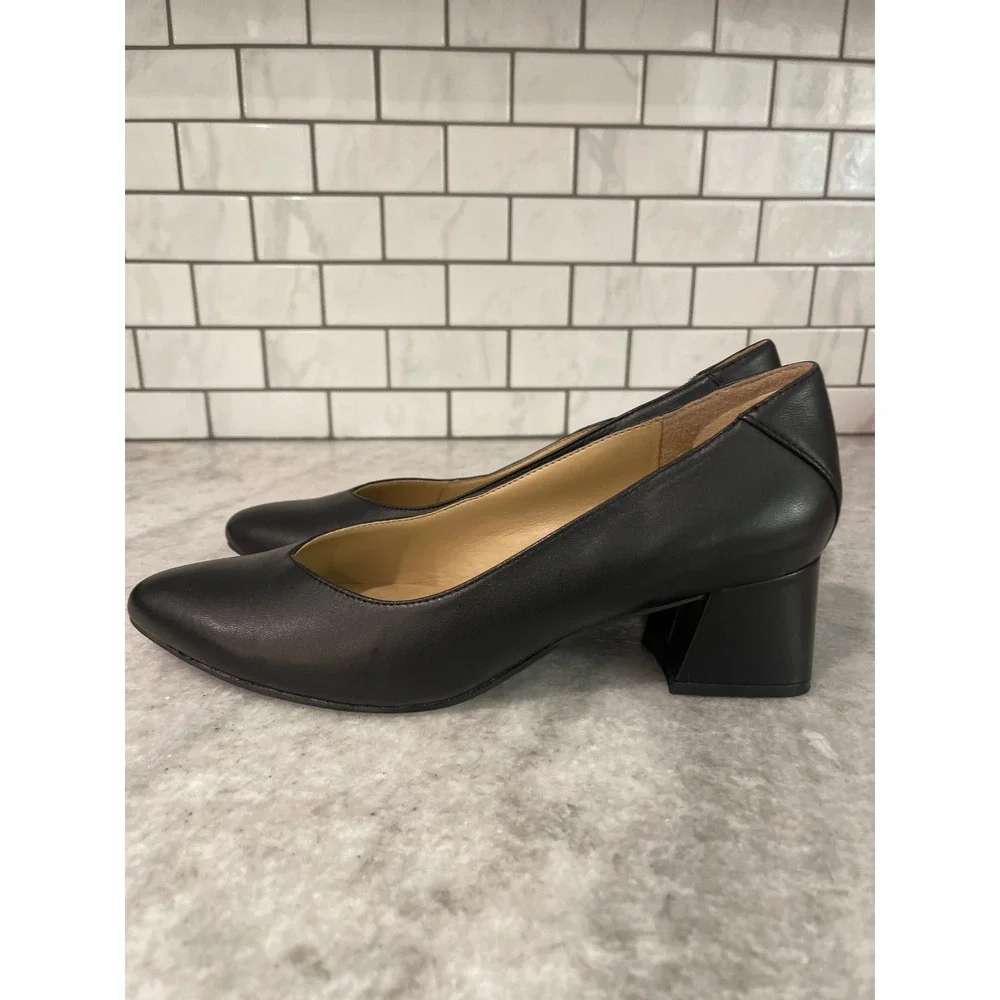 Naturalizer Pump Women 8 Black Leather Block Heel Pointed Toe Dress Shoe